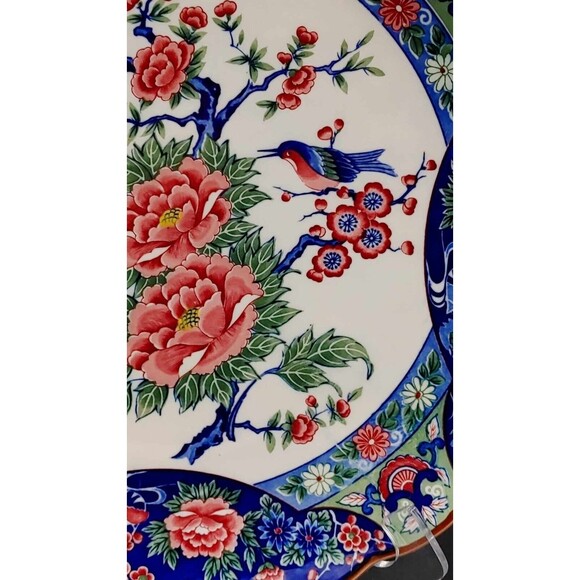 Vintage Blue Bird Rose Floral Scalloped Charger Plate Hirano Made in Japan 12.5" - Picture 6 of 11